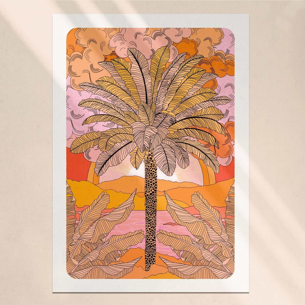 Sunset palm tree botanical art print with warm orange retro gradient and distant mountains