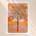 Sunset palm tree botanical art print with warm orange retro gradient and distant mountains