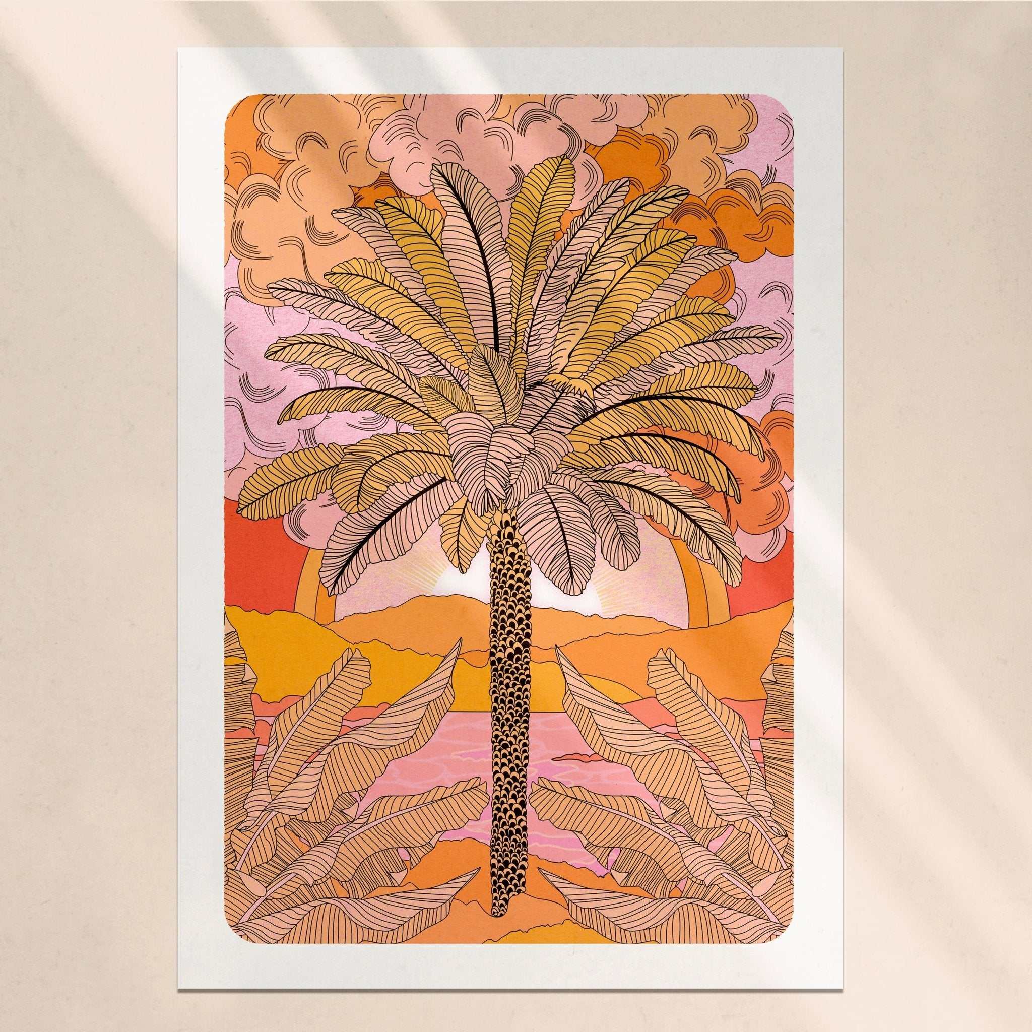 Sunset palm tree botanical art print with warm orange retro gradient and distant mountains