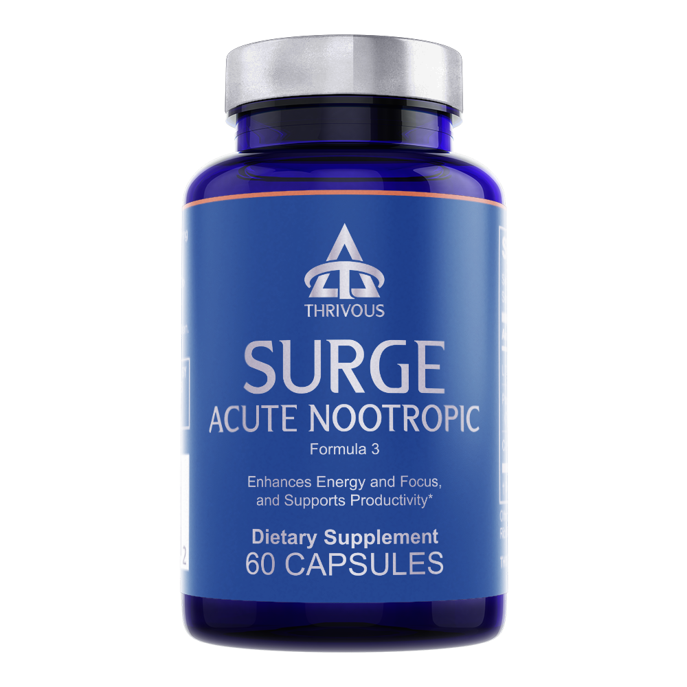 Surge Acute Nootropic dietary supplement bottle with 60 capsules for energy and focus
