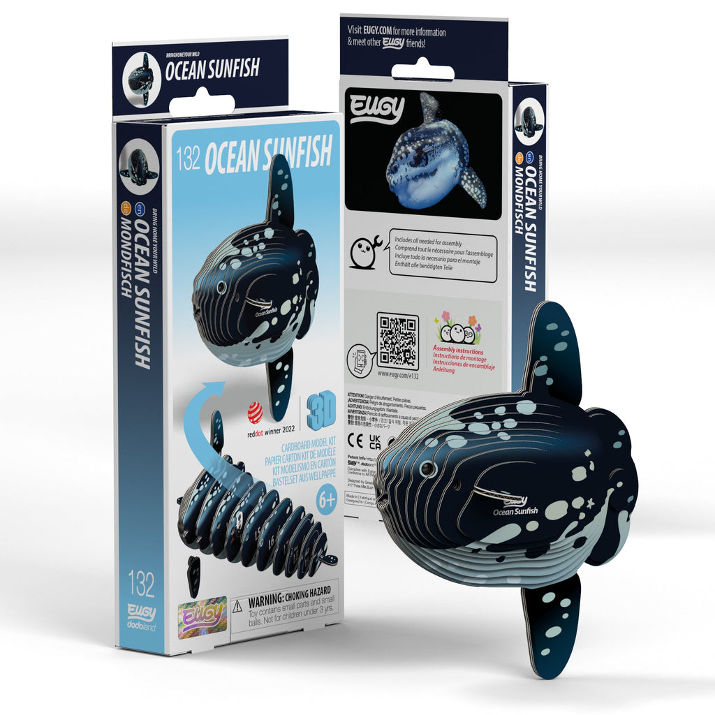 Ocean Sunfish 3D puzzle assembled showing tall fins and spotted pattern from eco-friendly cardboard