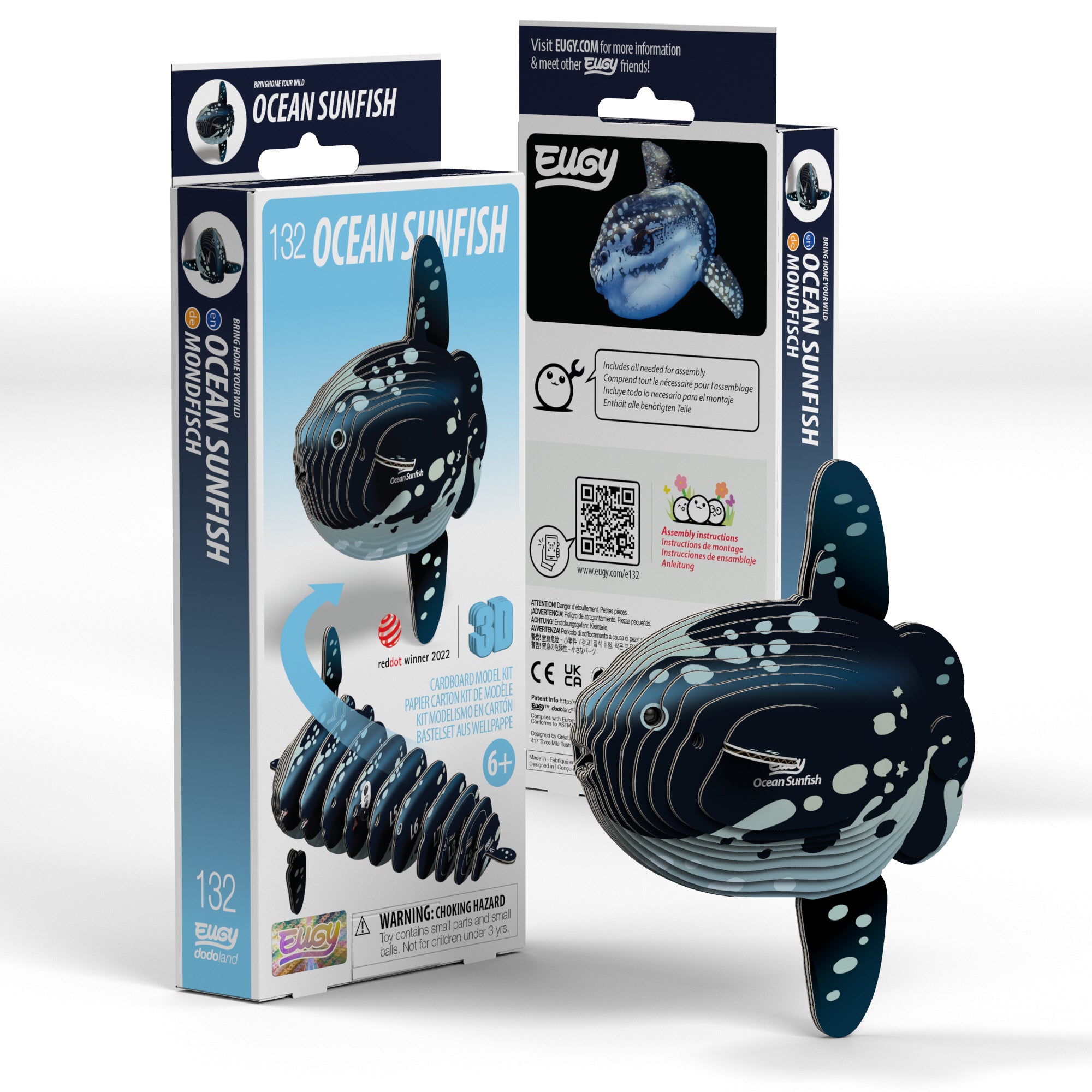 Ocean Sunfish 3D puzzle assembled showing tall fins and spotted pattern from eco-friendly cardboard