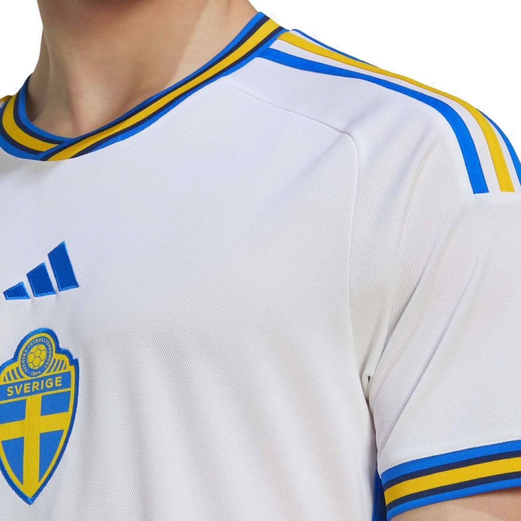 Sweden away soccer jersey 2022/23 in white with yellow and light blue retro 90s stripes — view 5