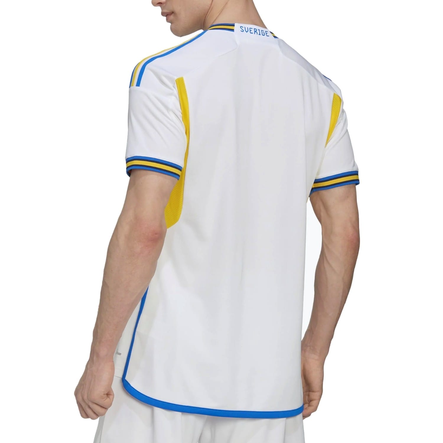 Sweden away soccer jersey 2022/23 in white with yellow and light blue retro 90s stripes — view 4