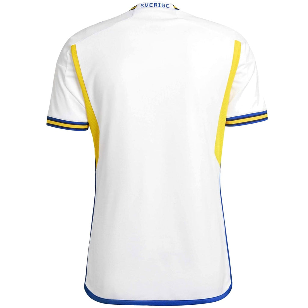 Sweden away soccer jersey 2022/23 in white with yellow and light blue retro 90s stripes — view 2