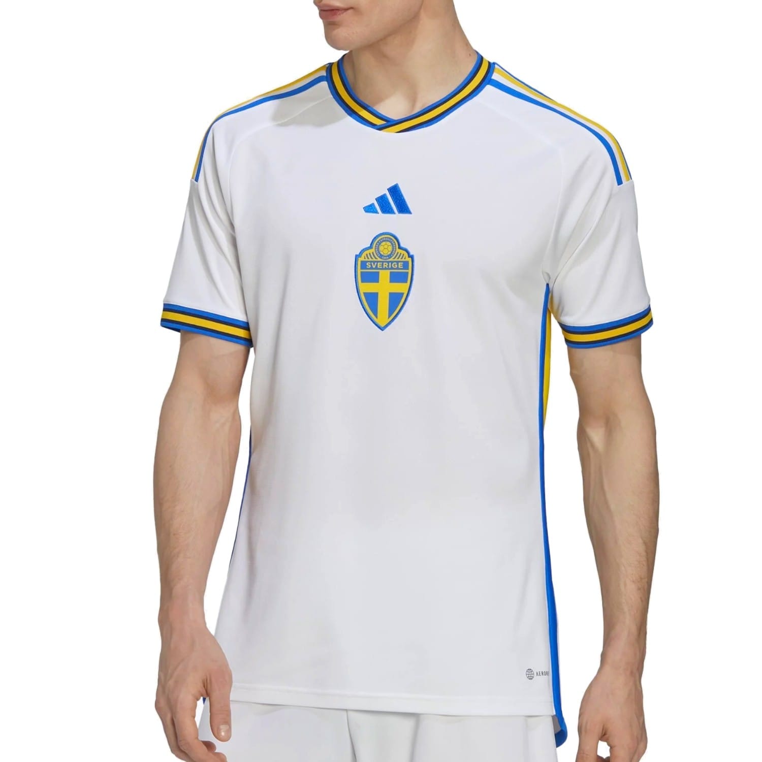 Sweden away soccer jersey 2022/23 in white with yellow and light blue retro 90s stripes — view 3