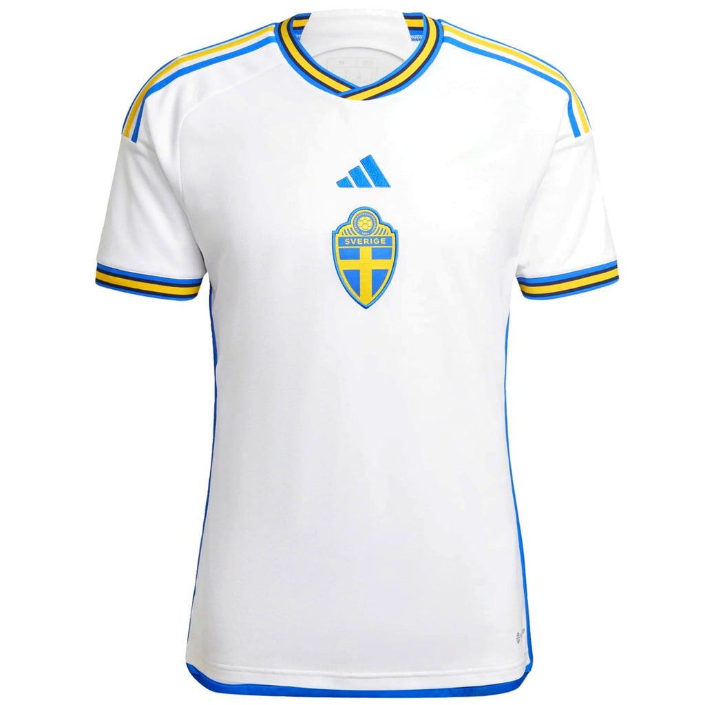 Sweden away soccer jersey 2022/23 in white with yellow and light blue retro 90s stripes