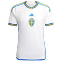 Sweden away soccer jersey 2022/23 in white with yellow and light blue retro 90s stripes