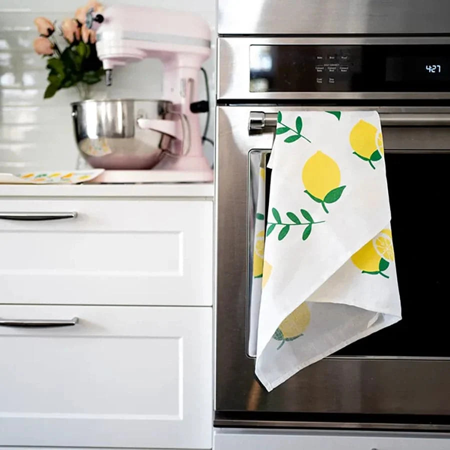 Swedish tea towel in a folded natural linen and cotton fabric with hanging loop