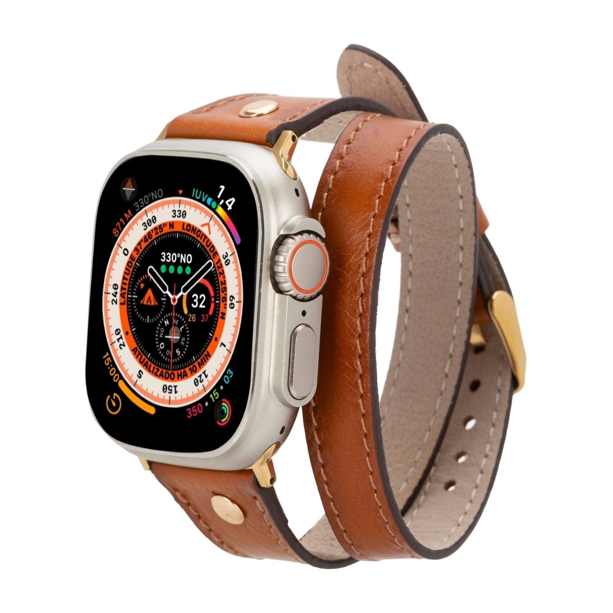 Syracuse double tour genuine leather Apple Watch band with elegant gold buckle and adapter hardware