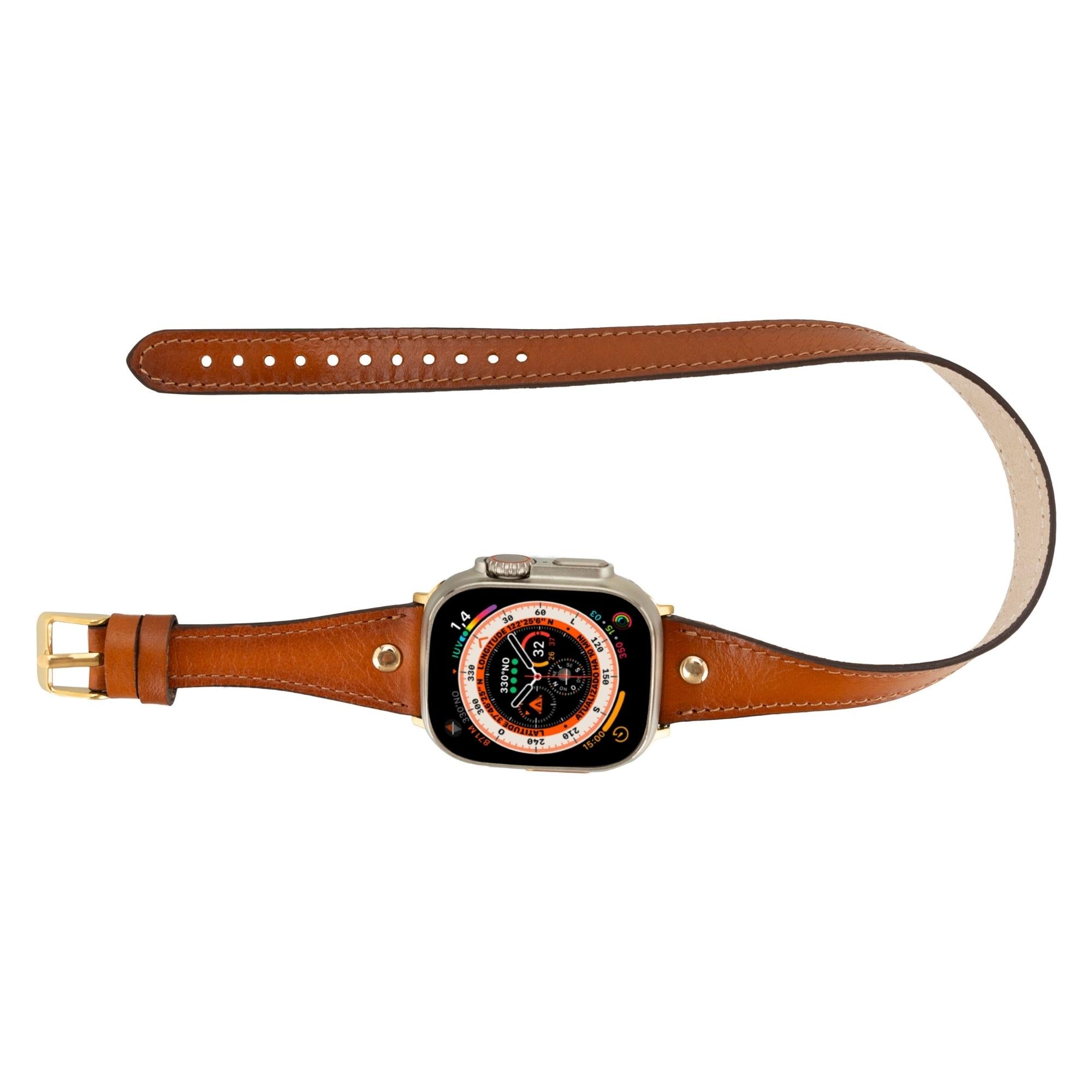 Syracuse double tour genuine leather Apple Watch band with elegant gold buckle and adapter hardware — view 3