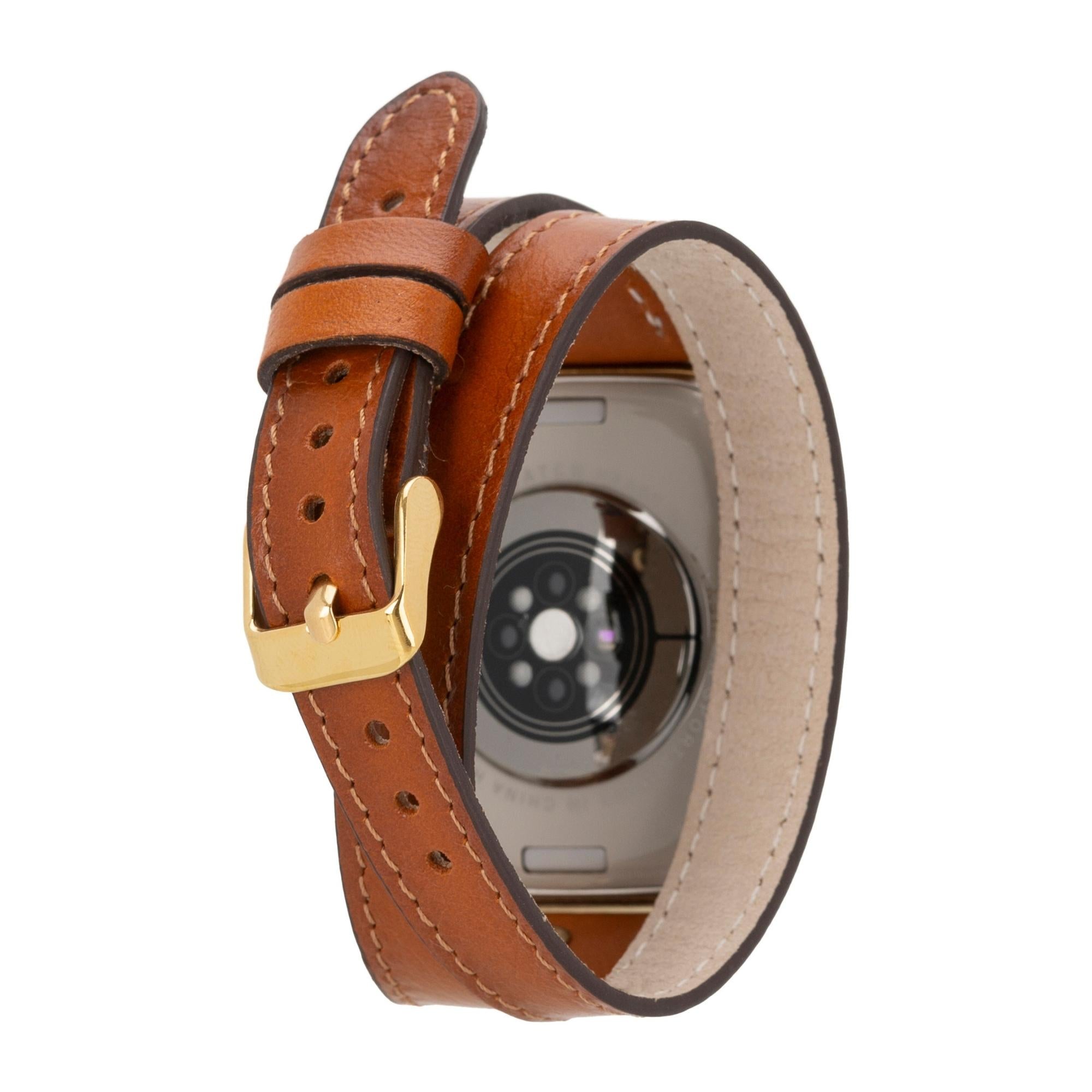 Syracuse double tour genuine leather Apple Watch band with elegant gold buckle and adapter hardware — view 2
