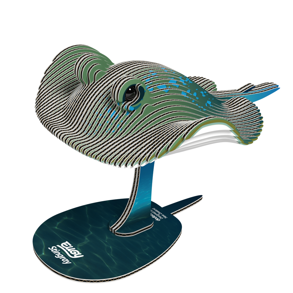 Stingray 3D puzzle built from eco-friendly biodegradable cardboard on a display stand — view 5
