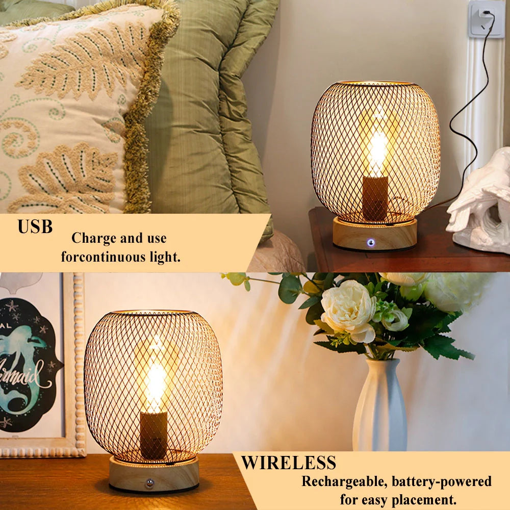 Bronze cage lantern style touch table lamp with wooden base and glowing golden LED bulb — view 3