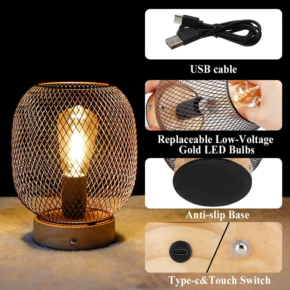 Bronze cage lantern style touch table lamp with wooden base and glowing golden LED bulb — view 5