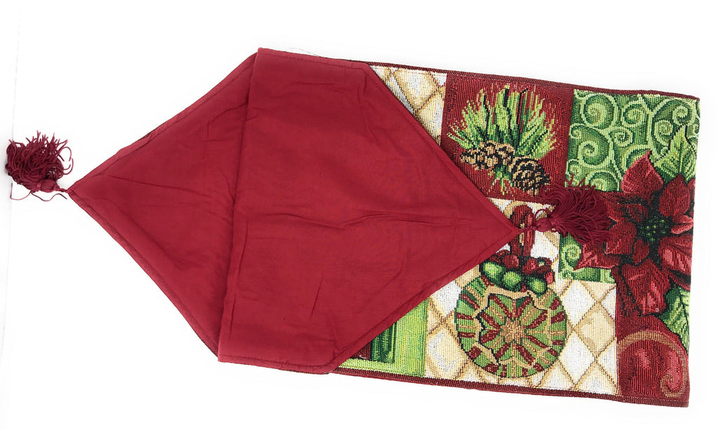 Festive cotton blend table runner featuring red poinsettias, green ornaments, and rustic pine cones. — view 3