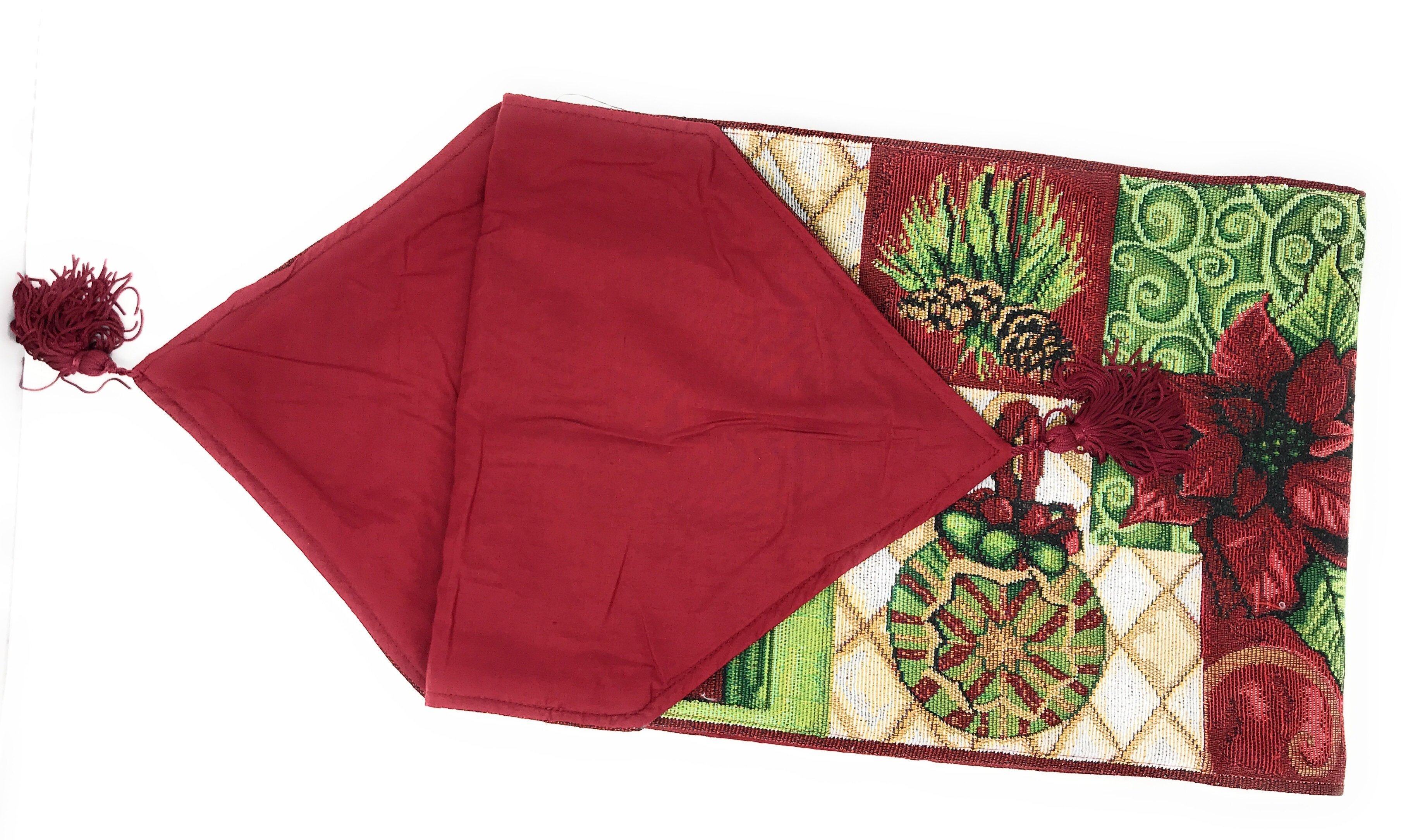 Festive cotton blend table runner featuring red poinsettias, green ornaments, and rustic pine cones. — view 3