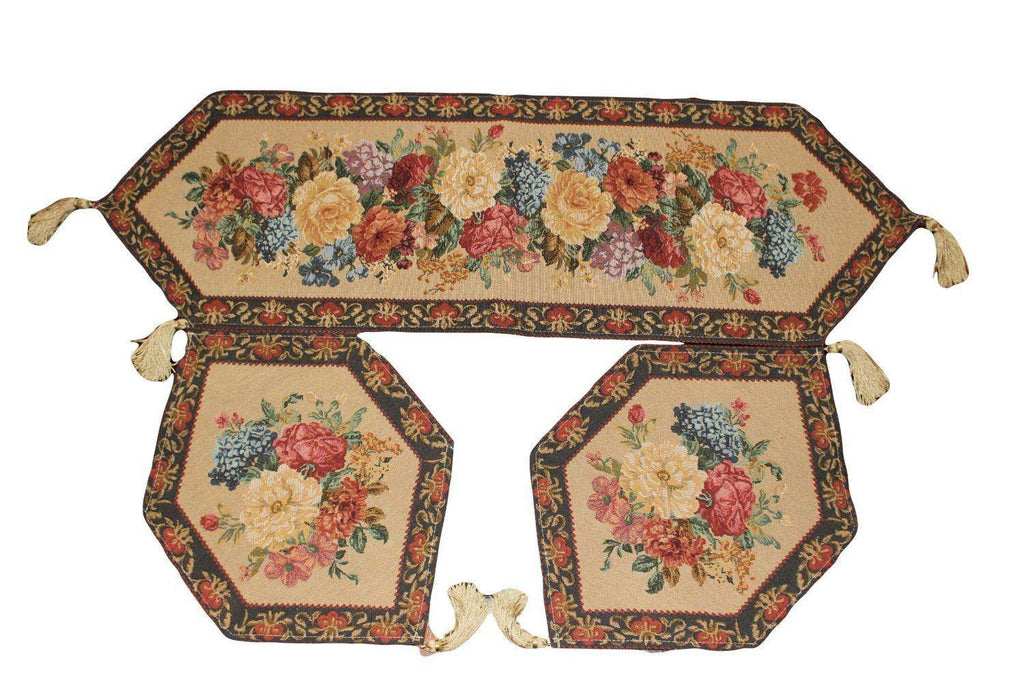 Three piece rustic floral woven cotton blend table runner set with colorful morning awakening design