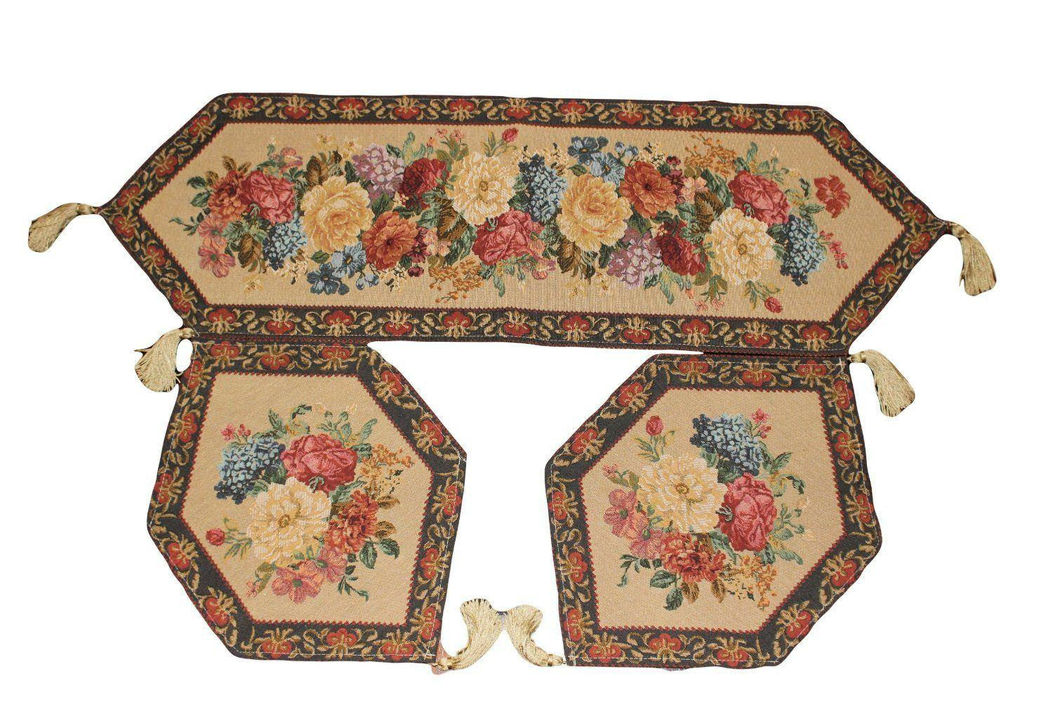 Three piece rustic floral woven cotton blend table runner set with colorful morning awakening design