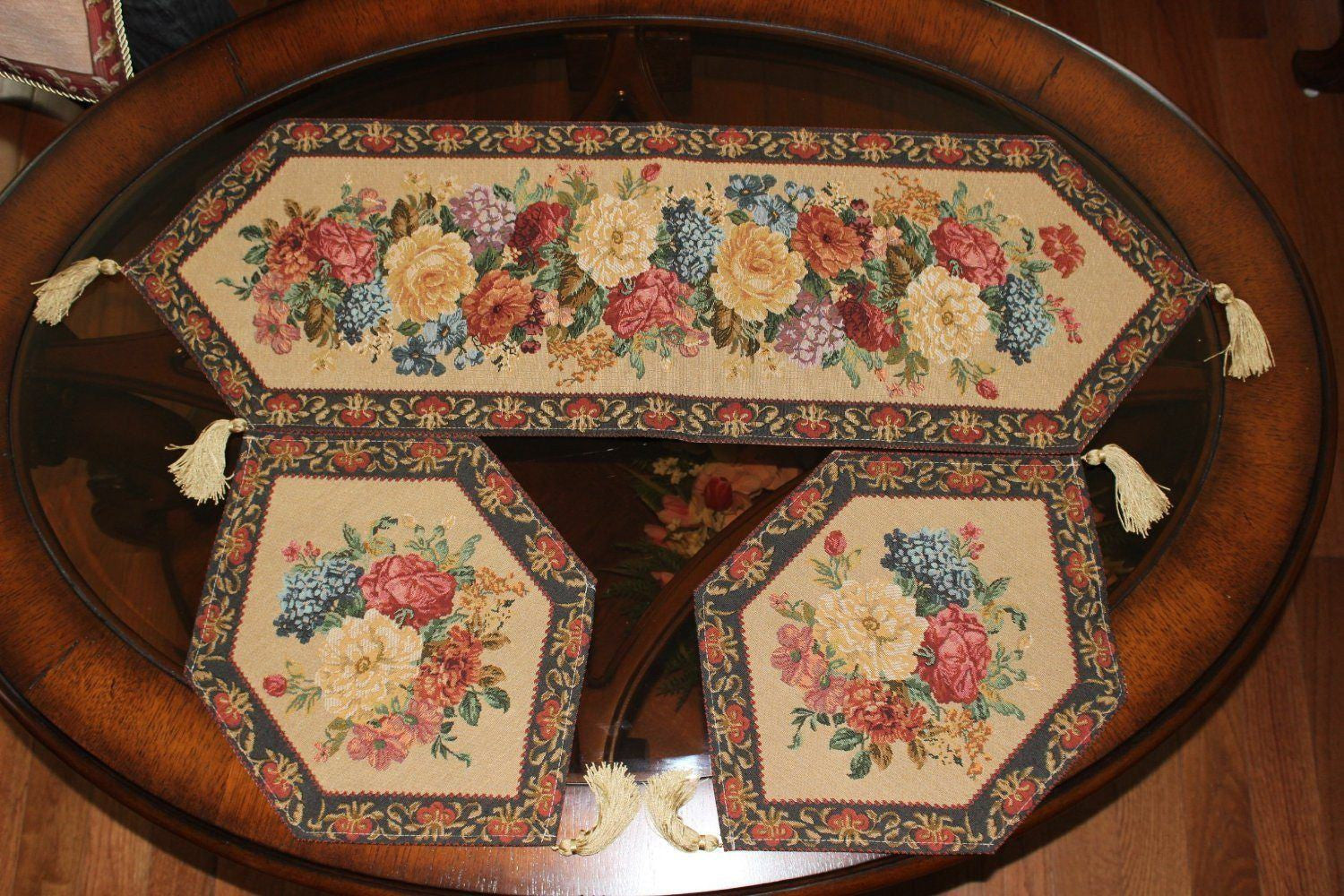 Three piece rustic floral woven cotton blend table runner set with colorful morning awakening design — view 4