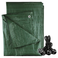 Green waterproof tarpaulin spread out with ten heavy duty black bungee balls for outdoor securing