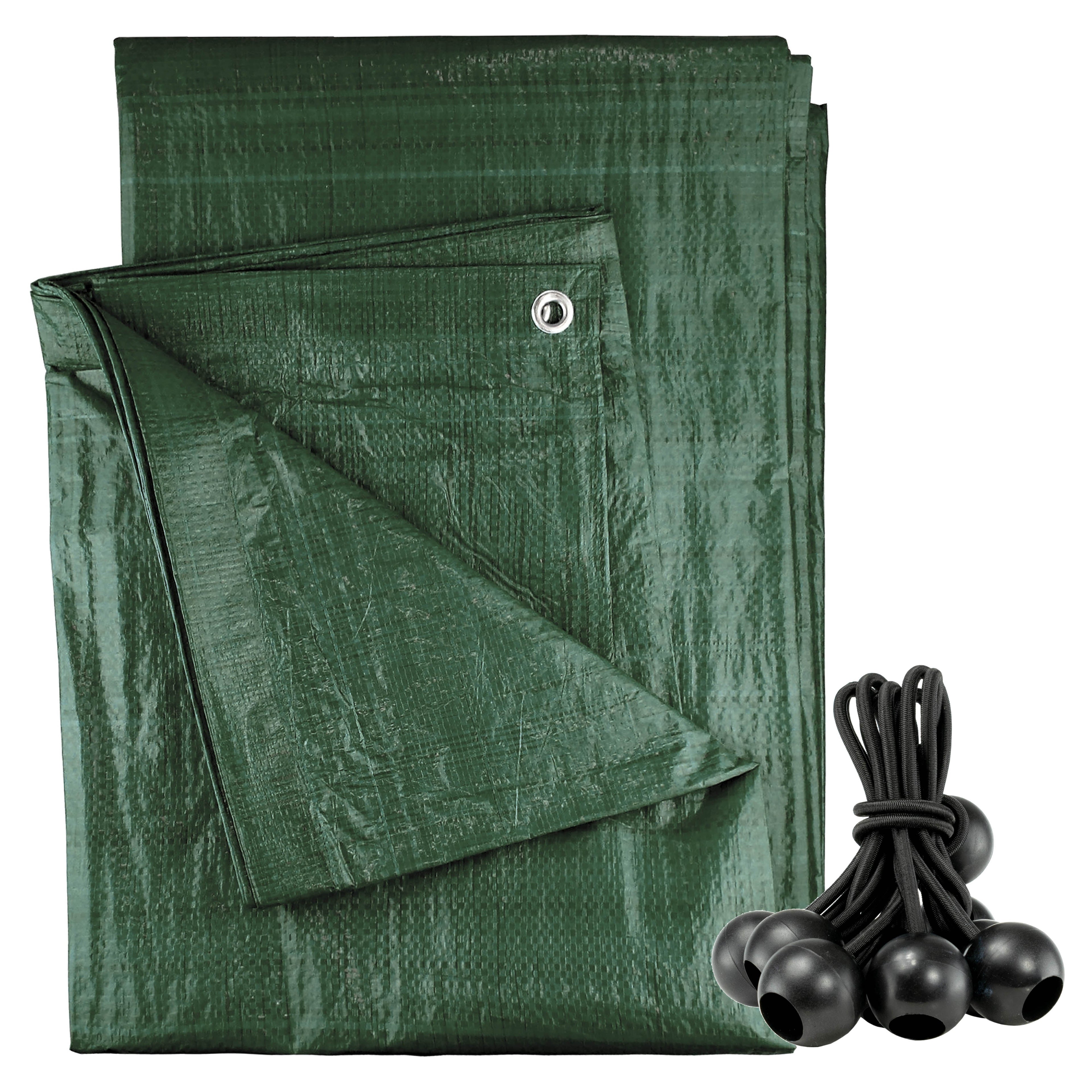 Green waterproof tarpaulin spread out with ten heavy duty black bungee balls for outdoor securing