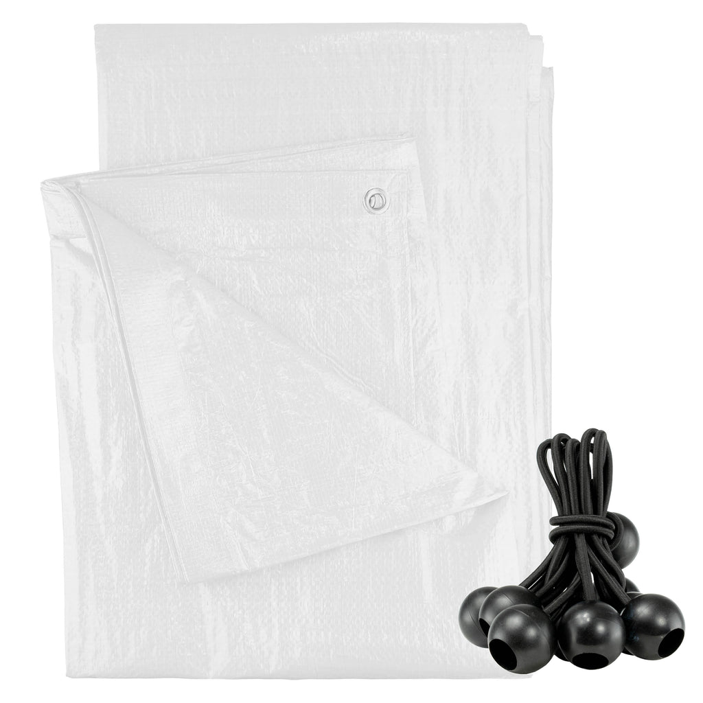 White 90gsm waterproof tarpaulin cover with black bungee balls for outdoor garden and camping protection