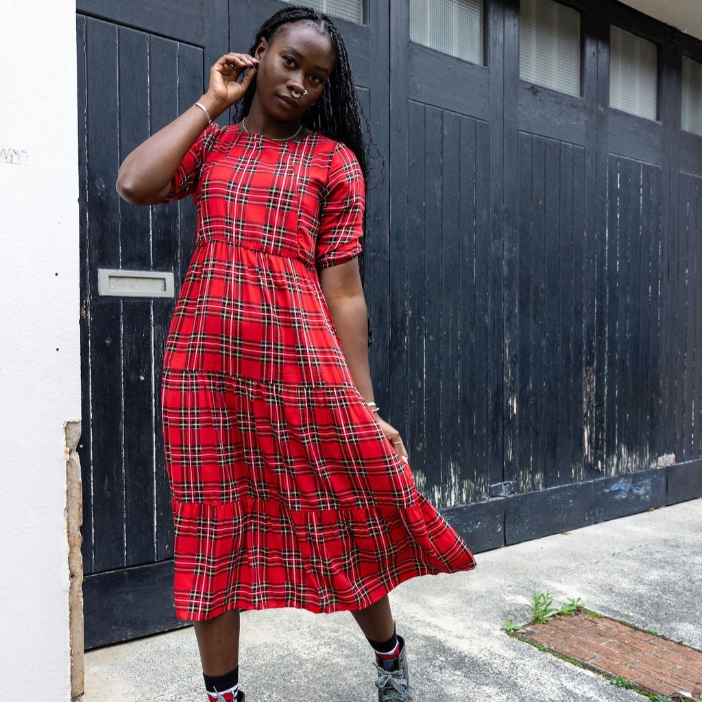 Red tartan breastfeeding midi dress in soft cotton with hidden zips and pockets — view 2