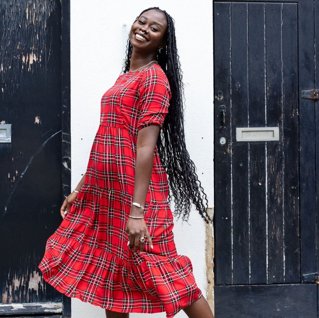 Red tartan breastfeeding midi dress in soft cotton with hidden zips and pockets — view 5