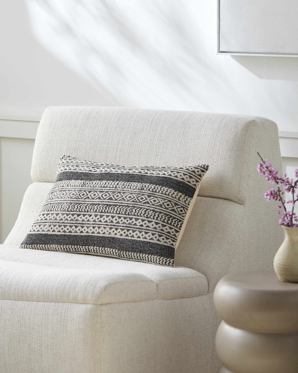 Taytayan woven cotton throw pillow cover in black and beige with bohemian patterned texture — view 3