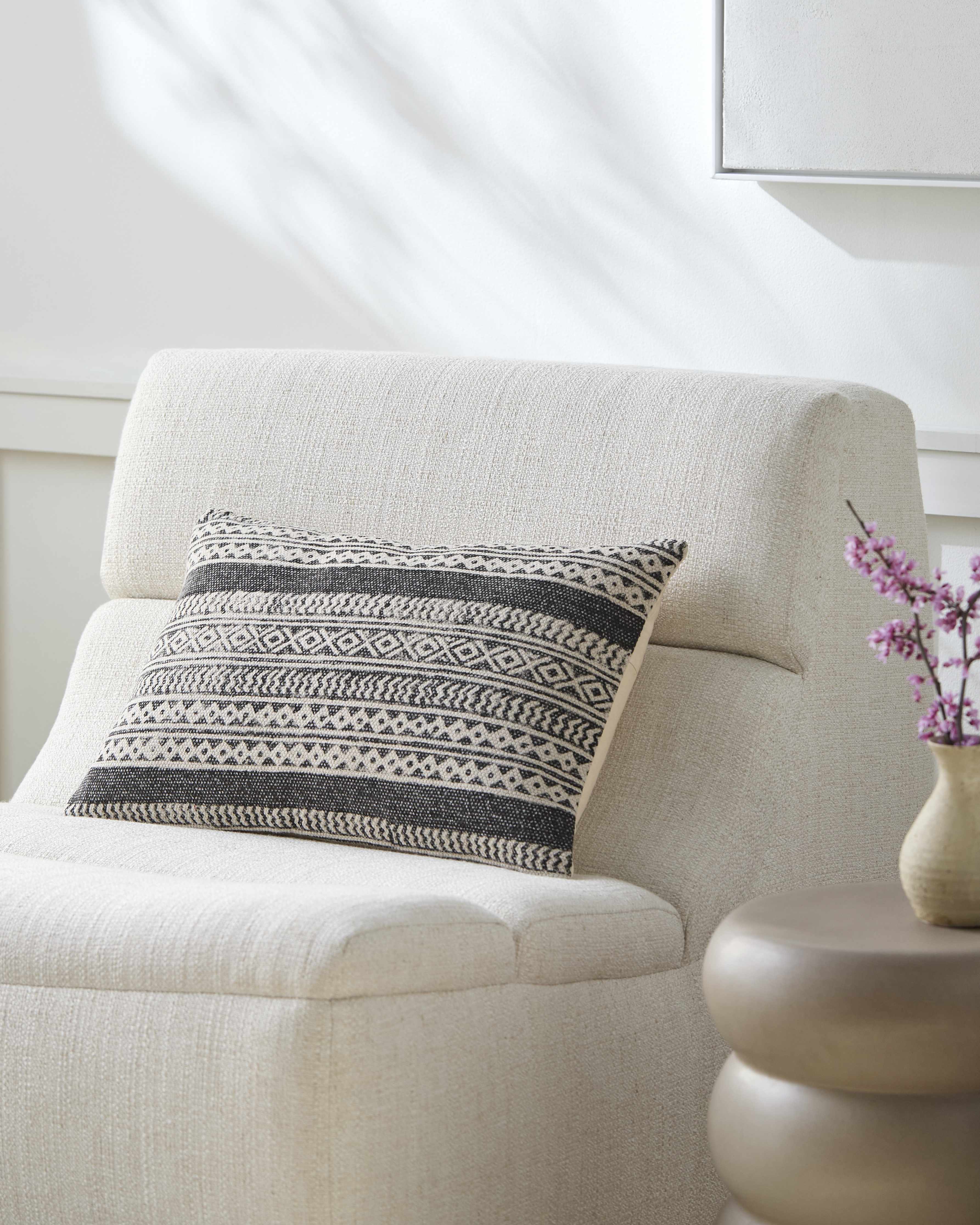 Taytayan woven cotton throw pillow cover in black and beige with bohemian patterned texture — view 3