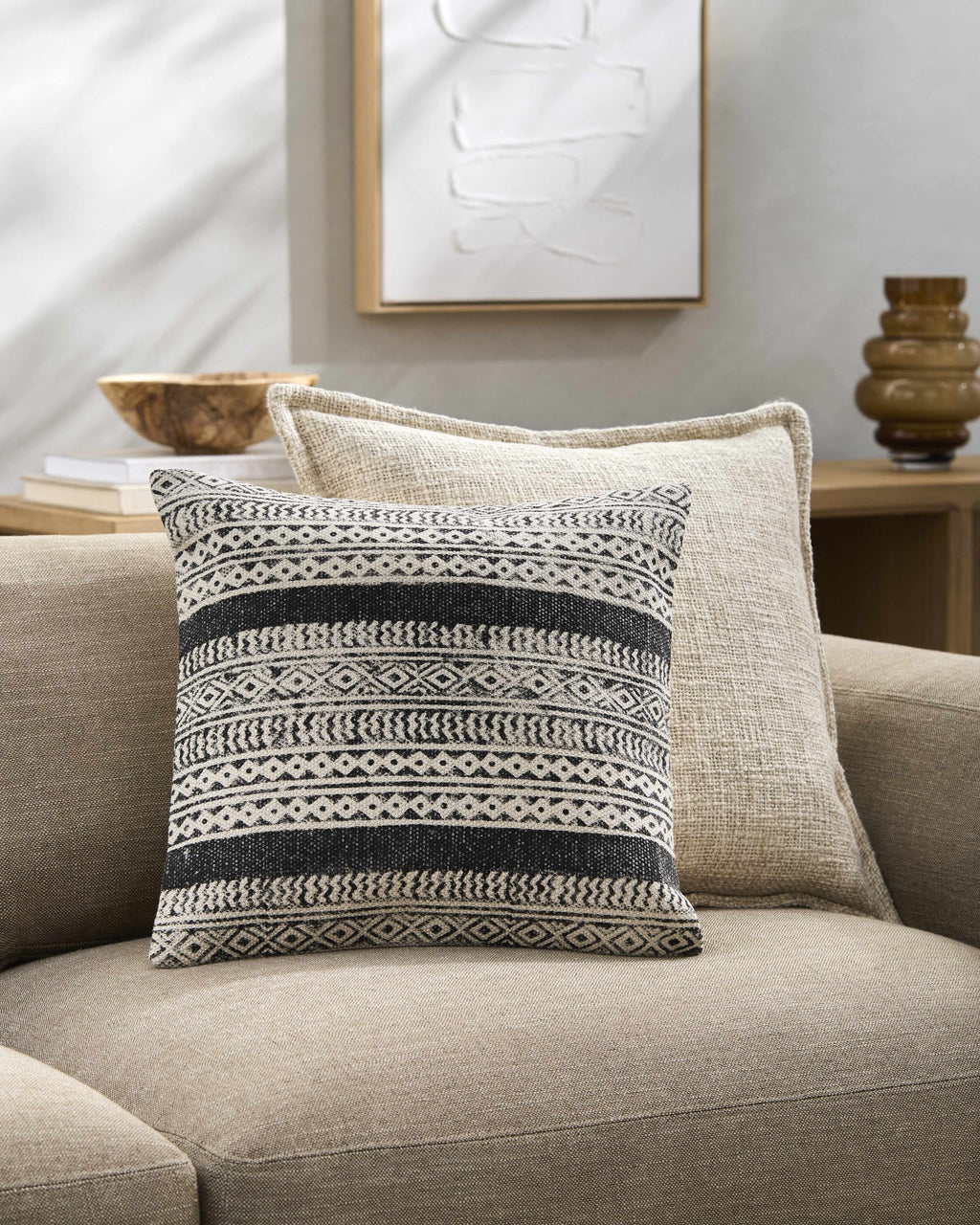 Taytayan woven cotton throw pillow cover in black and beige with bohemian patterned texture