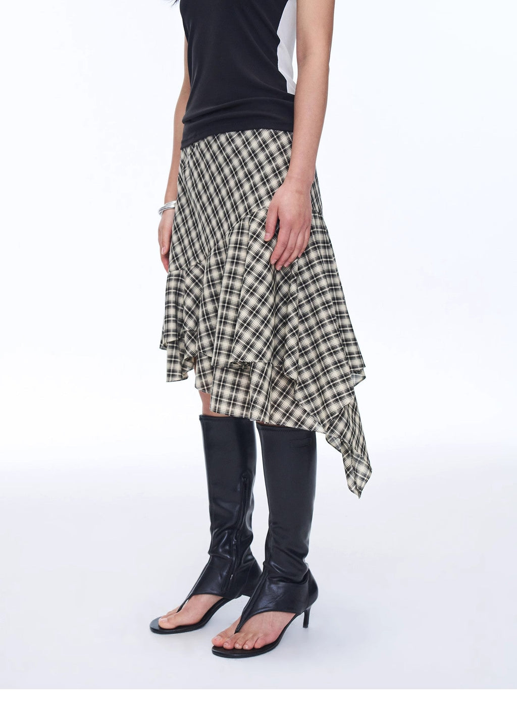 Tencel acetate plaid irregular A-line skirt in retro checkered pattern with flowy knee-length hemline — view 4