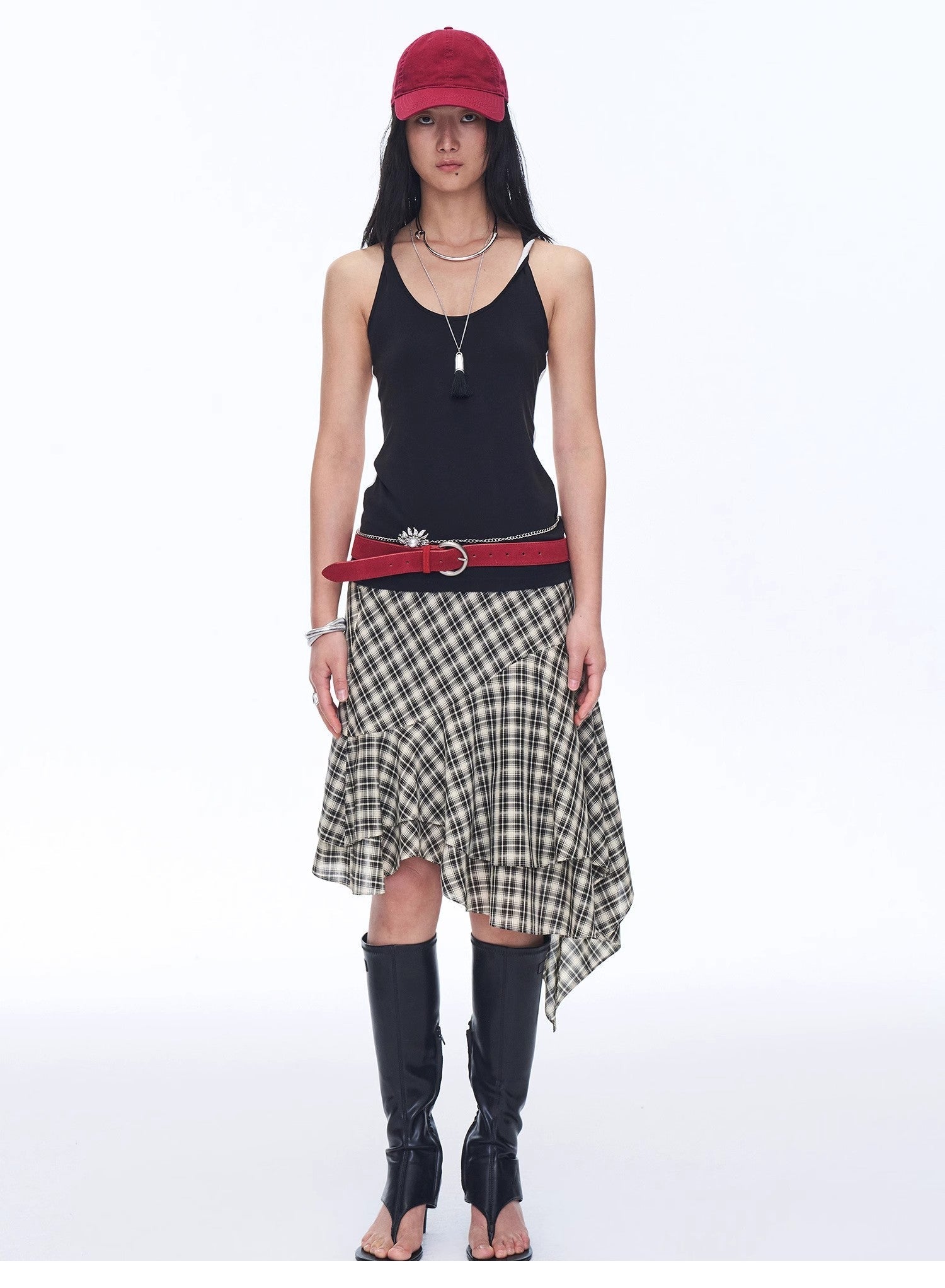 Tencel acetate plaid irregular A-line skirt in retro checkered pattern with flowy knee-length hemline — view 2