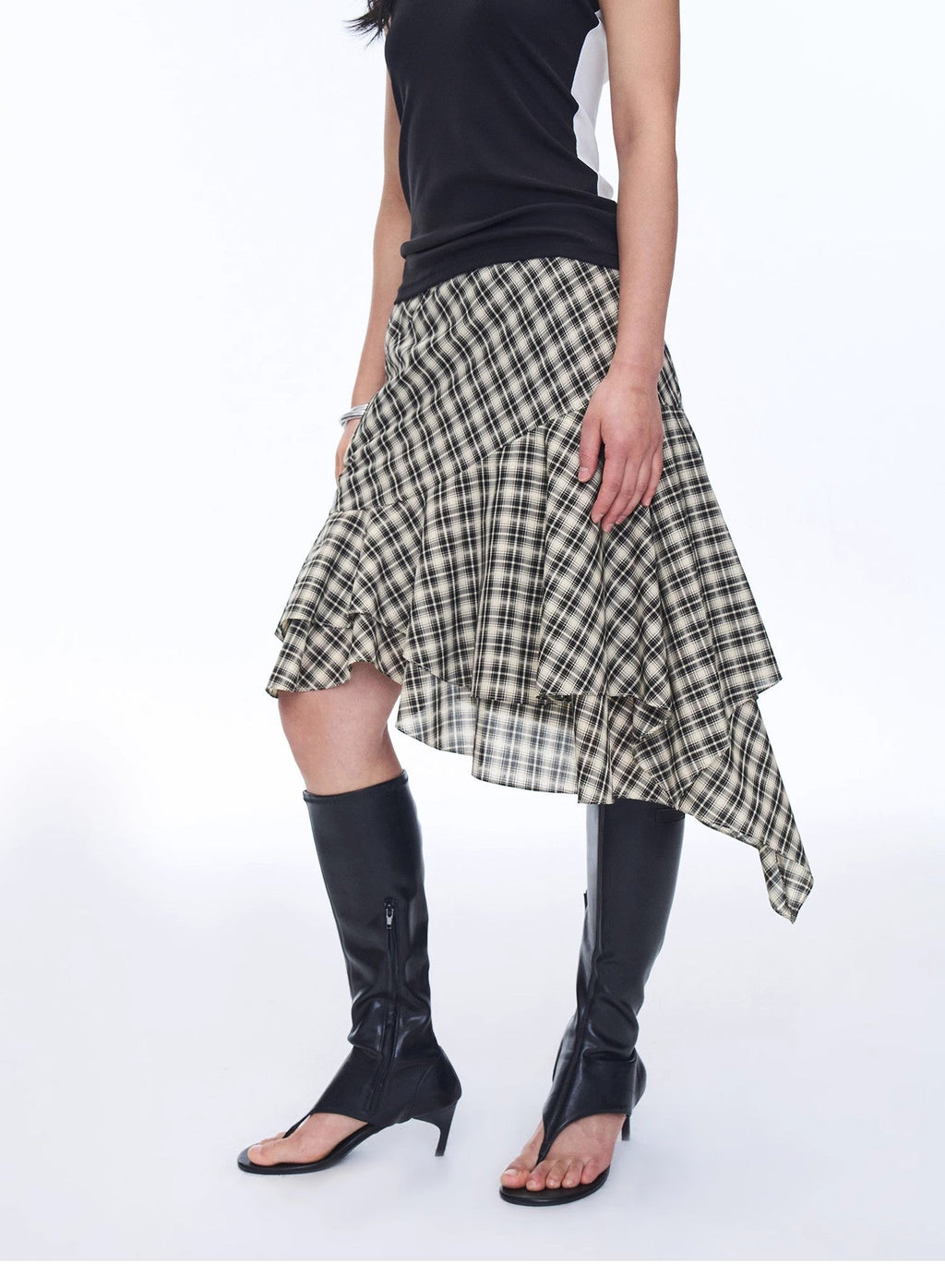 Tencel acetate plaid irregular A-line skirt in retro checkered pattern with flowy knee-length hemline — view 5