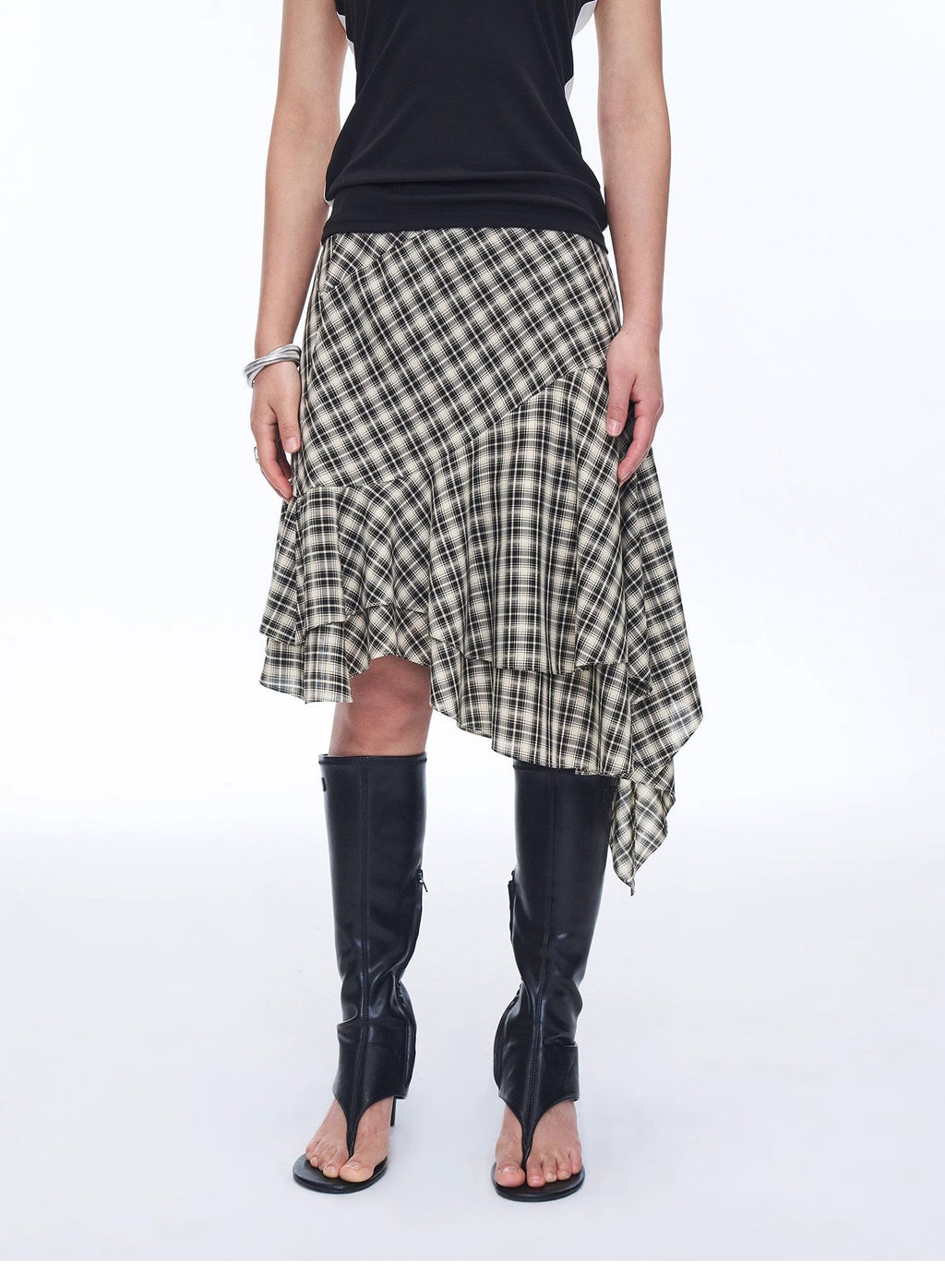 Tencel acetate plaid irregular A-line skirt in retro checkered pattern with flowy knee-length hemline — view 3