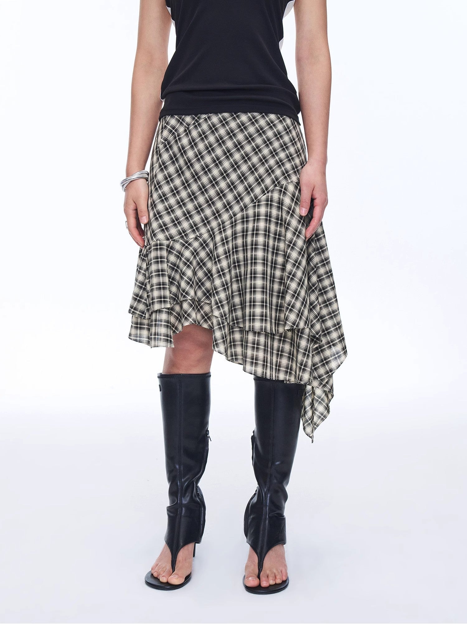 Tencel acetate plaid irregular A-line skirt in retro checkered pattern with flowy knee-length hemline — view 3
