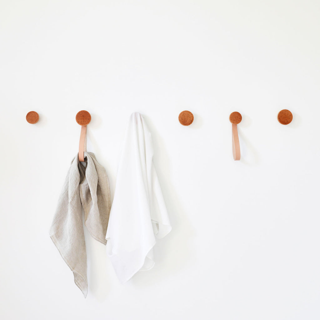 Round Beech Wood & Ceramic Wall Mounted Coat Hook / Hanger with Leather Strap - Terracotta Orange Specks-3