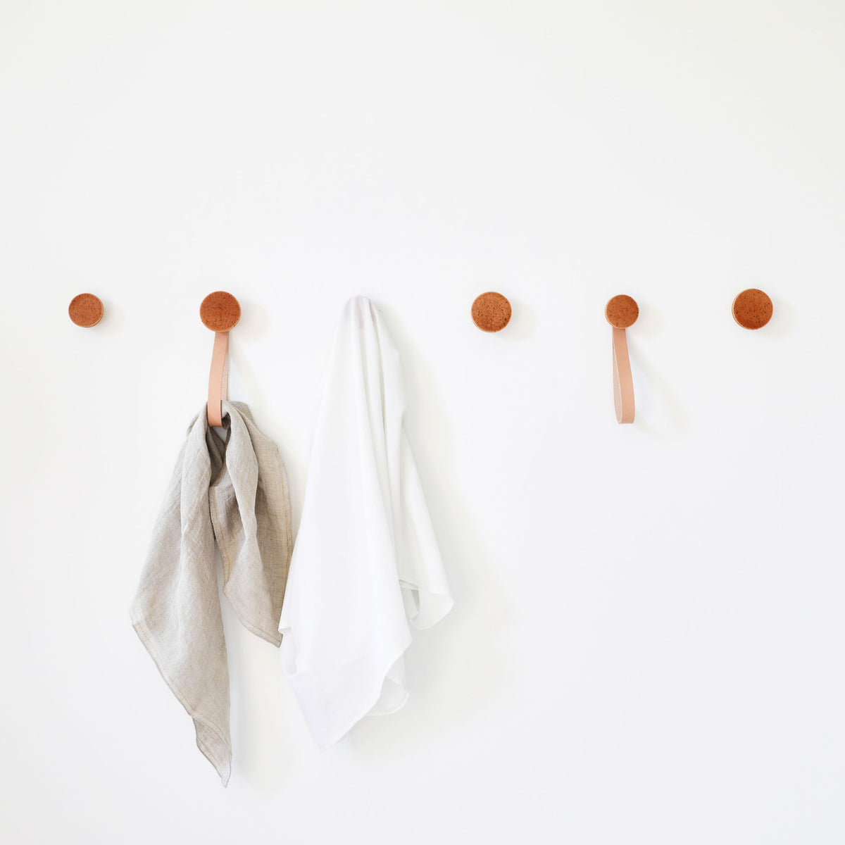 Round Beech Wood & Ceramic Wall Mounted Coat Hook / Hanger with Leather Strap - Terracotta Orange Specks-3
