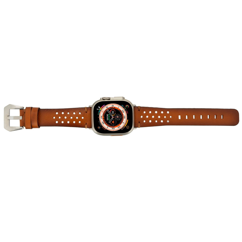 Genuine leather Teton Apple Watch band in classic style attached to a smart watch face — view 3