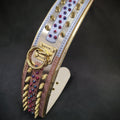 White genuine leather wide dog collar with brass plated gold hardware and vibrant candy accents.