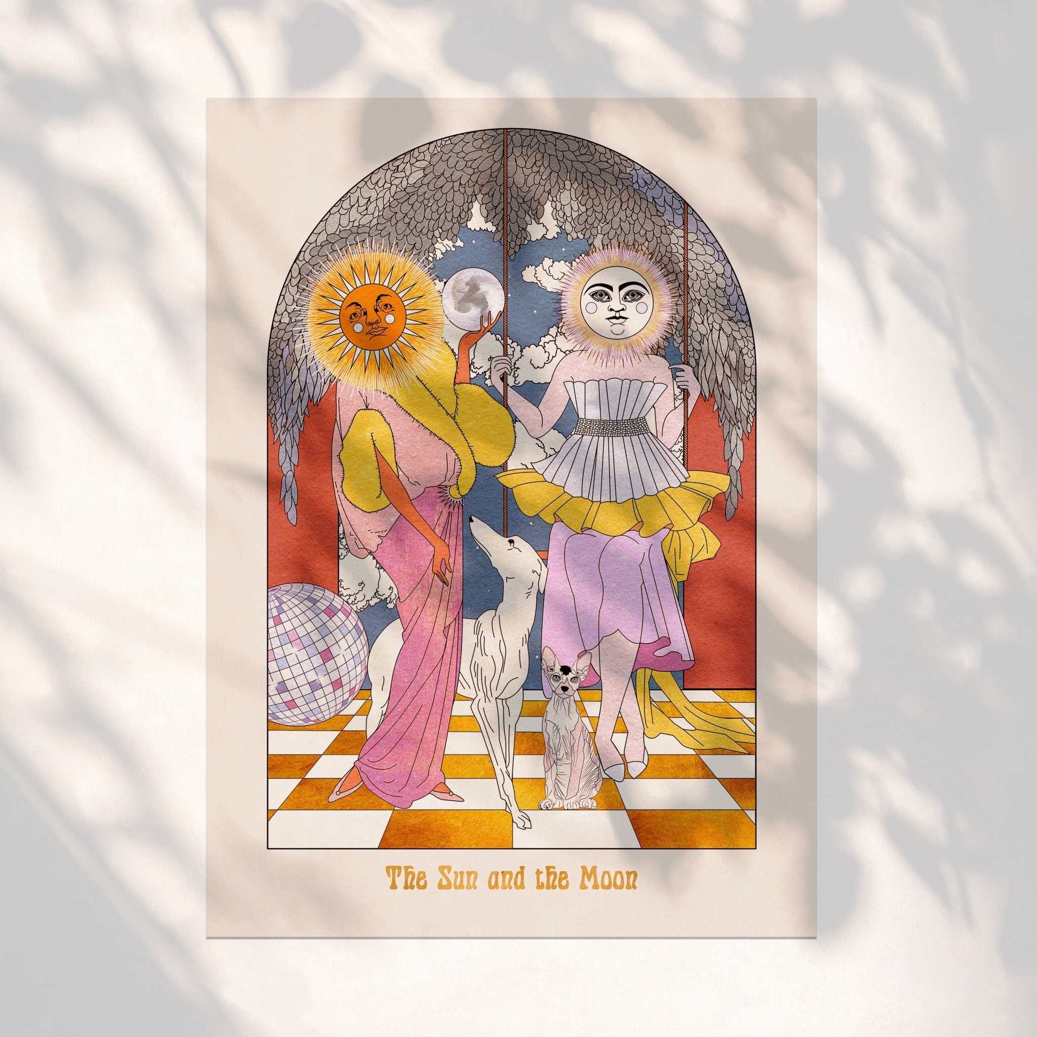 The Sun and the Moon tarot style art print featuring celestial ladies and disco ball — view 4