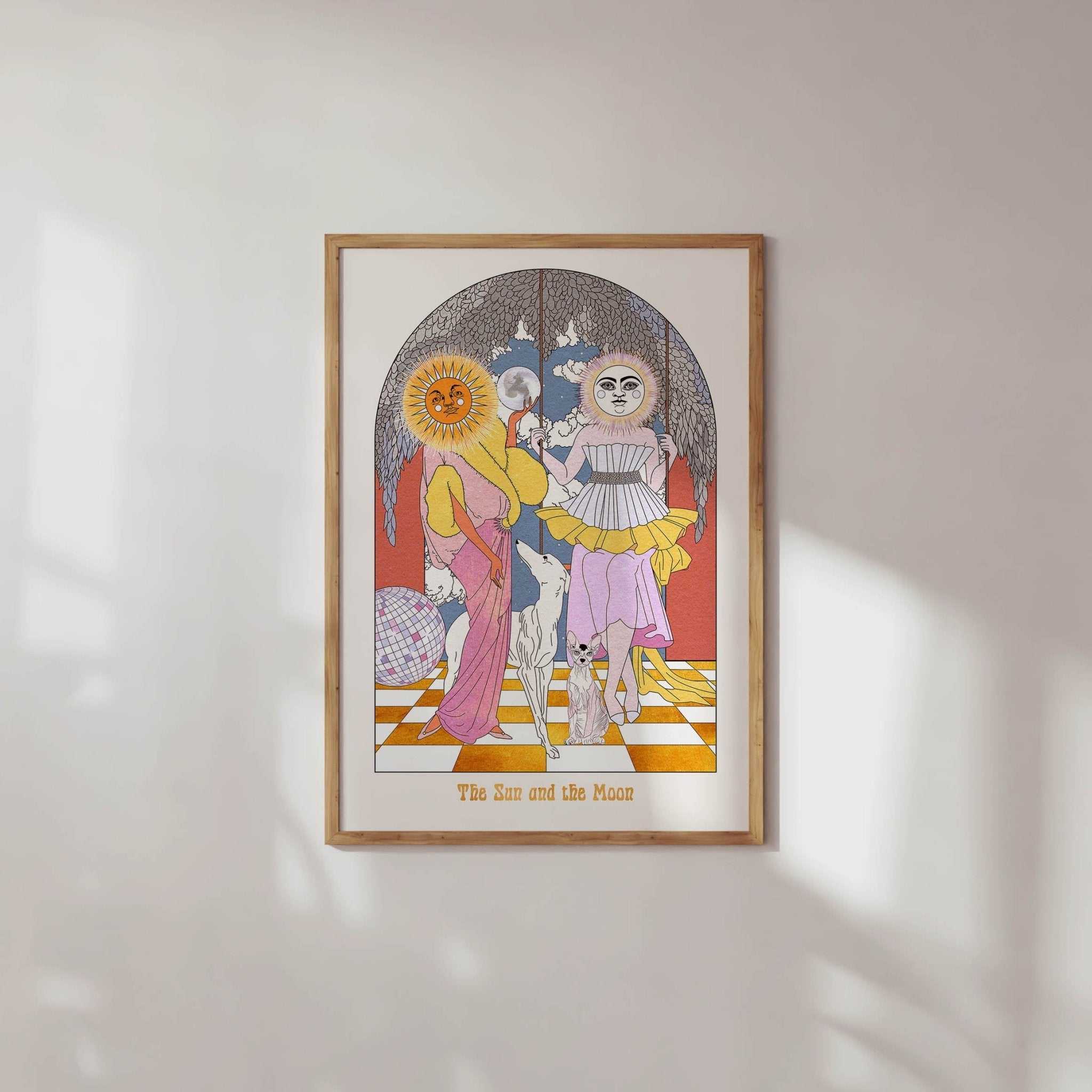 The Sun and the Moon tarot style art print featuring celestial ladies and disco ball — view 2
