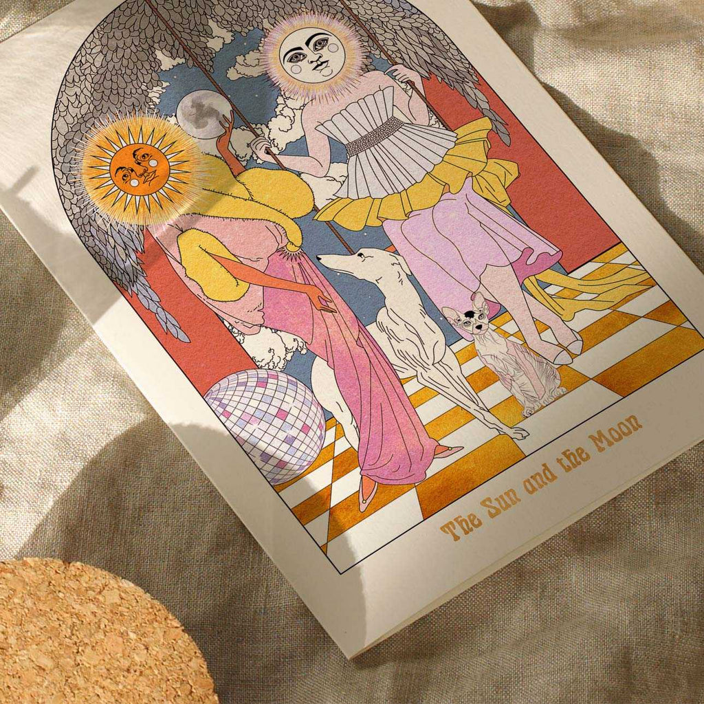 The Sun and the Moon tarot style art print featuring celestial ladies and disco ball — view 3