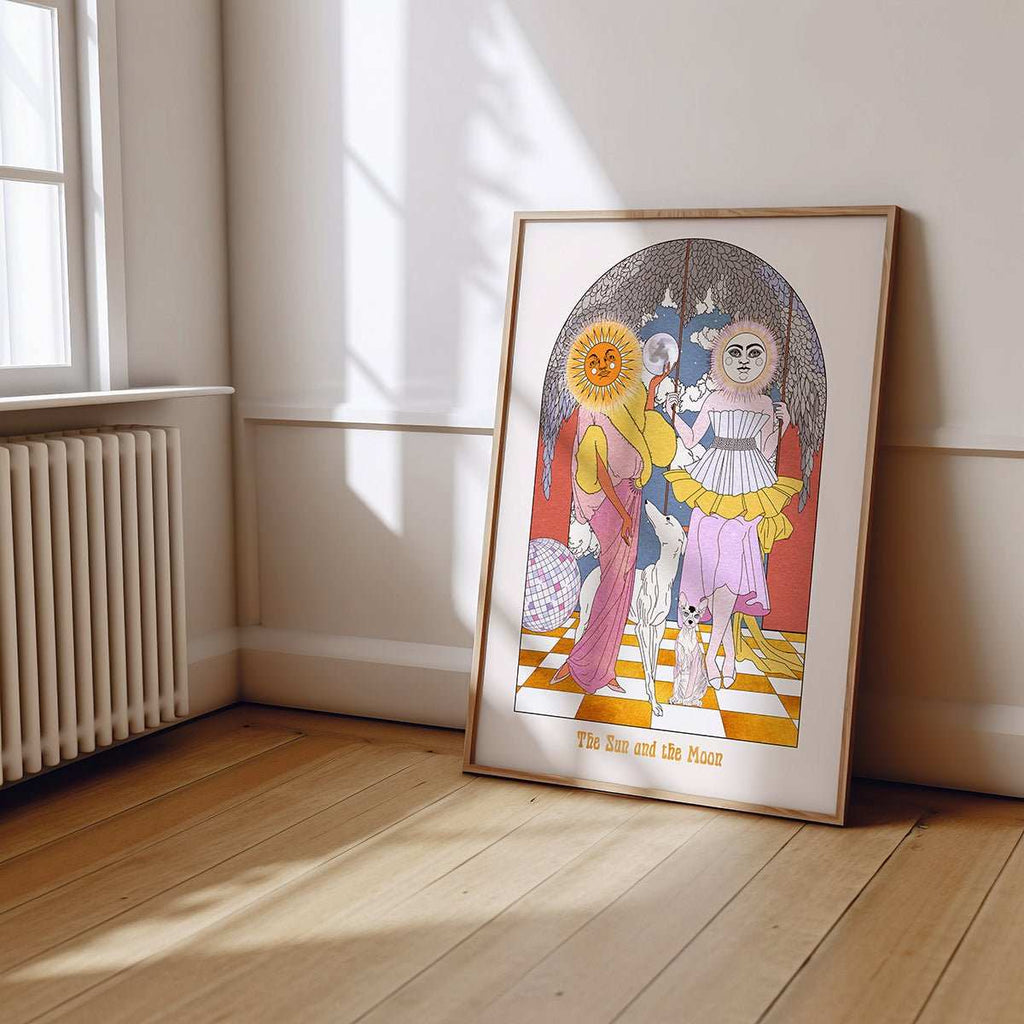 The Sun and the Moon tarot style art print featuring celestial ladies and disco ball