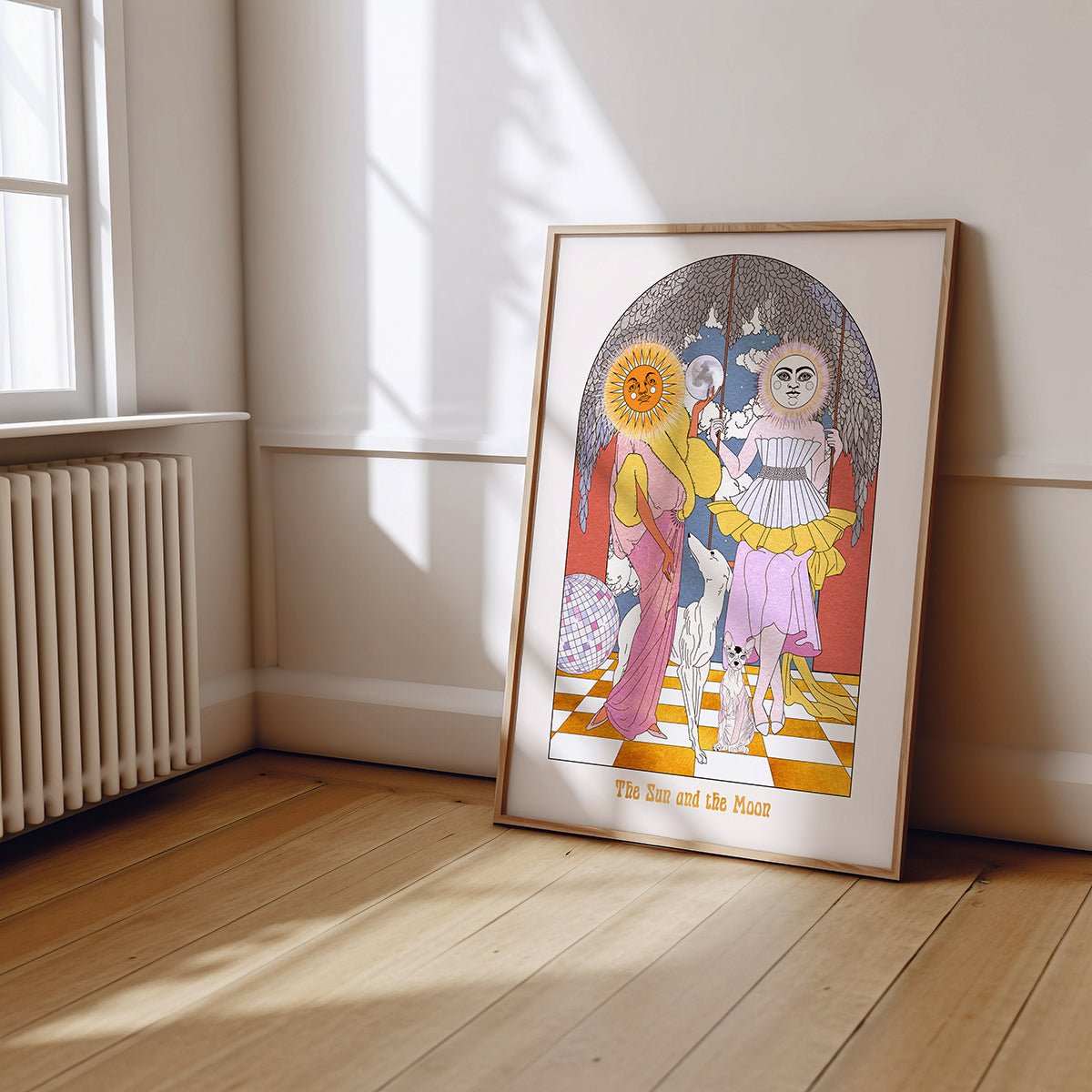 The Sun and the Moon tarot style art print featuring celestial ladies and disco ball