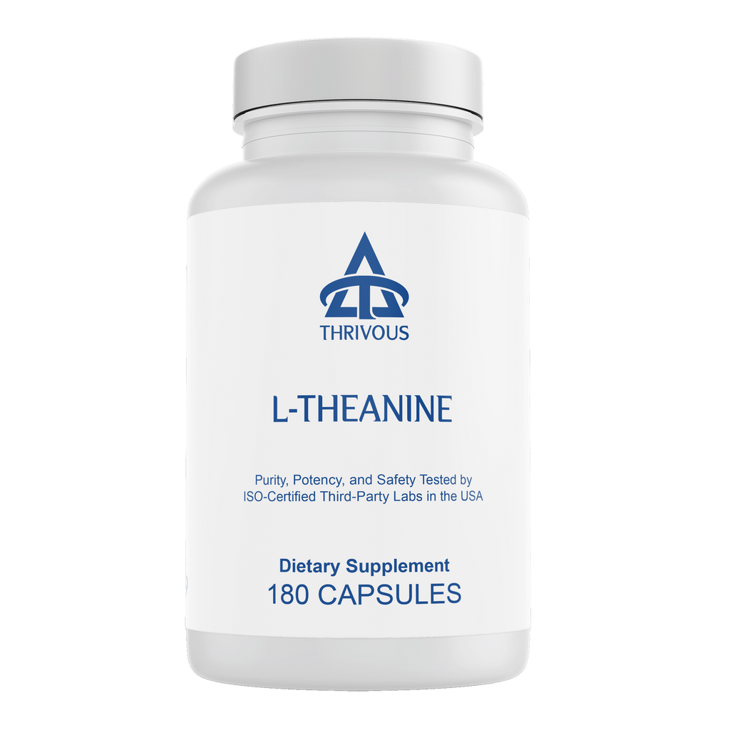 L-Theanine dietary supplement bottle featuring 180 pure amino acid capsules for calm mental focus and relaxation