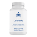 L-Theanine dietary supplement bottle featuring 180 pure amino acid capsules for calm mental focus and relaxation
