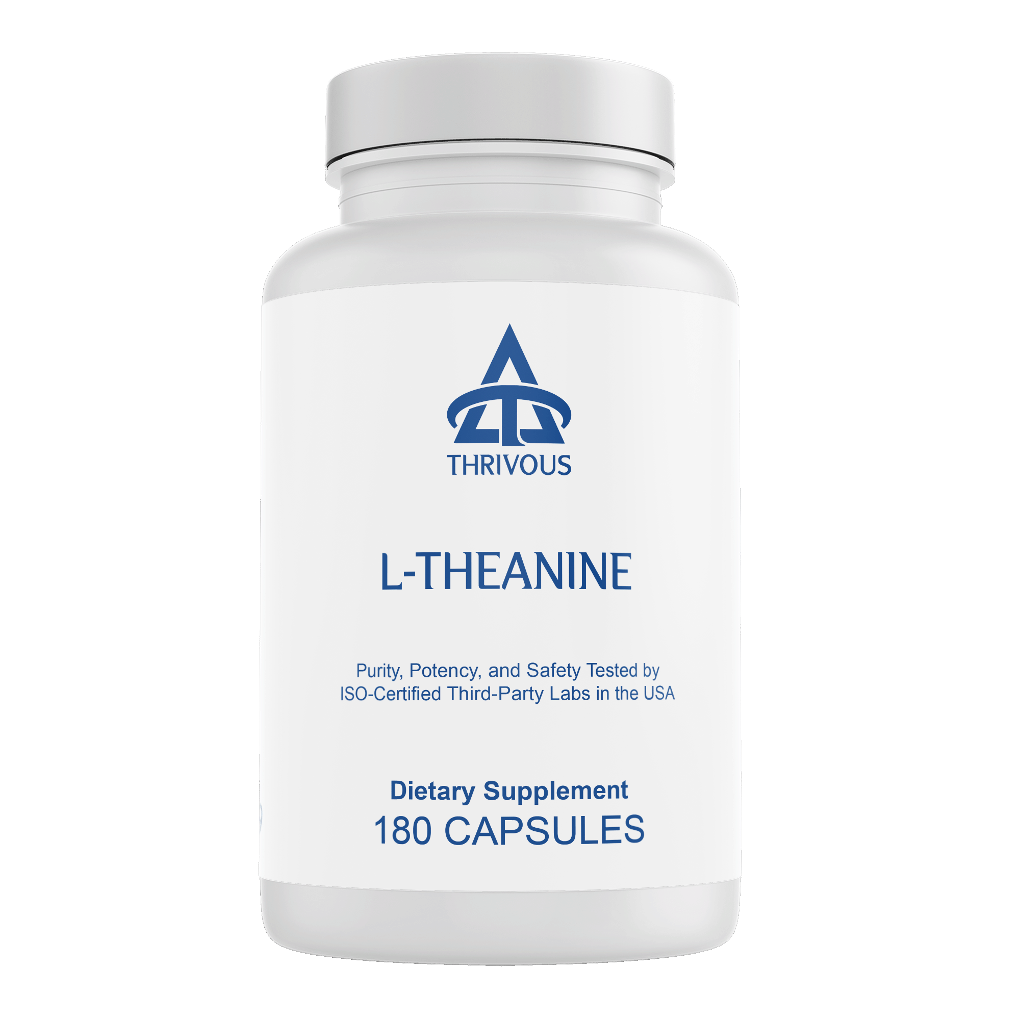 L-Theanine dietary supplement bottle featuring 180 pure amino acid capsules for calm mental focus and relaxation