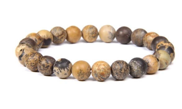Men's tiger eye energy bracelet with natural golden-brown stones and sleek black gallstone accents.